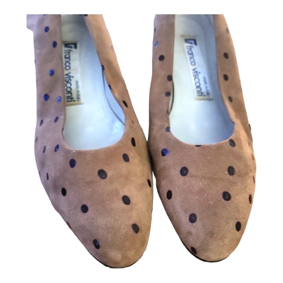 Vintage 80's Franco Visconti Vera Pelle Brown Suede Polka Dot Pumps Size 37 1/2 - Picture 2 of 10
